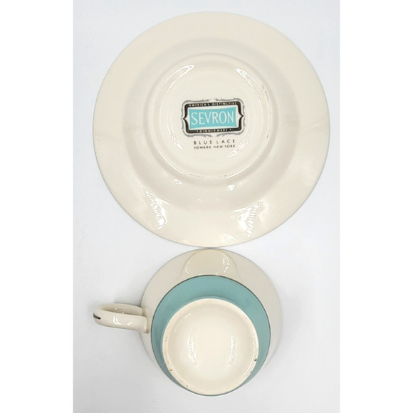 Sevron Powder Blue Lace Tea Coffee Cup Saucer Silver Trim 1950's Set of 2 - Picture 15 of 16
